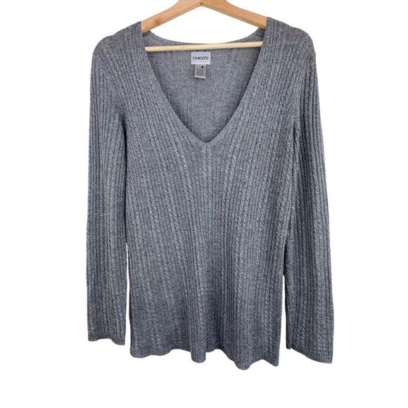 Chico's Women's 0 Gray Metallic Silver Lightweight V-Neck Pullover Sweater - Picture 1 of 5